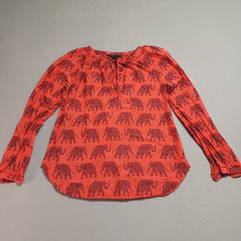 J.Crew Women Orange Elephant Print Cotton Tie Neck Long Sleeve Blouse Top